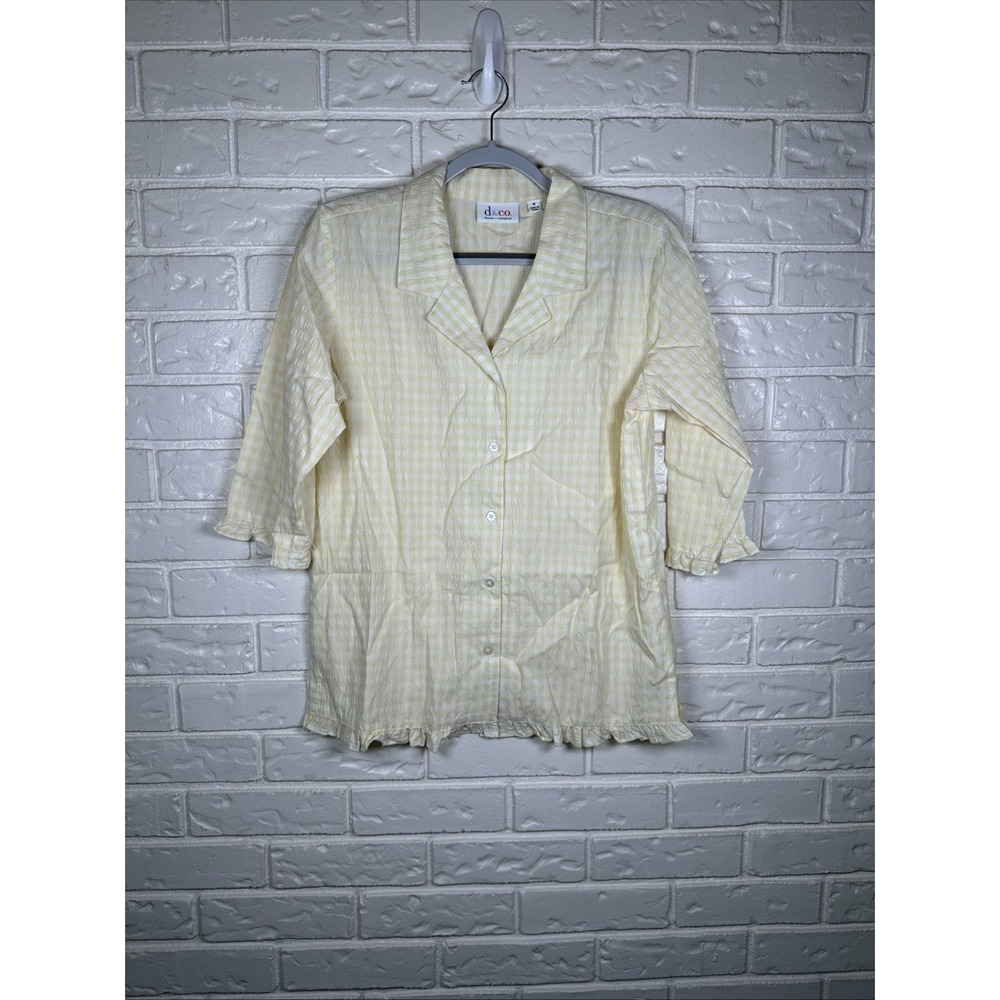 D & Co Yellow Gingham Button Up Top Size M Ruffle 3/4 Sleeve Country Cottagecore